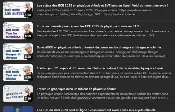 Les vidéos YouTube de Physico Chimico Méthodo sur les ECE de physique chimie
